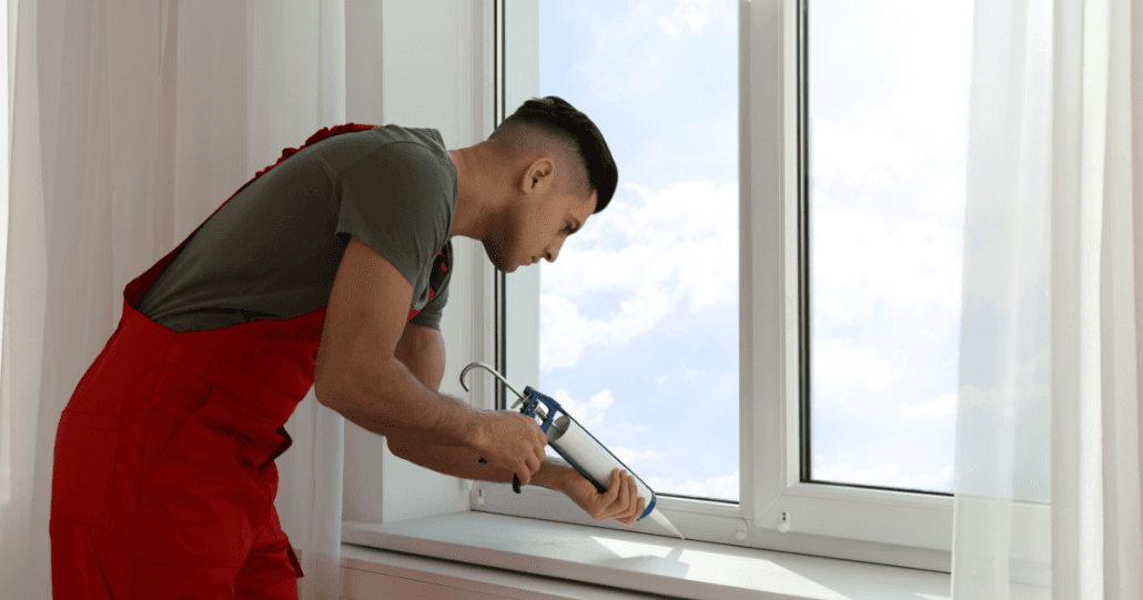 Worker in red overalls applies sealant around a large window indoors. Bright daylight filters through, creating a focused and diligent atmosphere.