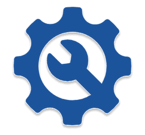 Blue wrench inside a blue gear on a black background, symbolizing tools, settings, or maintenance. The design is simple and industrial.