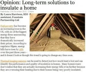 Image of a person in an attic insulating with rolls of material; article discusses long-term home insulation solutions and energy cost issues.