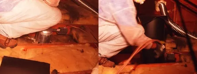 A person in protective clothing works in an attic, installing insulation. Tools and ductwork are visible, highlighting a focus on home improvement tasks.