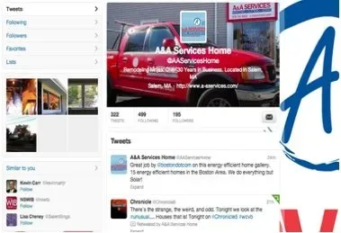 Twitter profile page for "A&A Services Home," featuring a red truck and business details. Tweets showcase energy-efficient home solutions in Salem, MA.