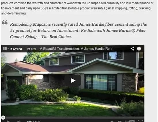 A video preview shows a suburban house with stone and fiber cement siding, surrounded by greenery. Text above highlights James Hardie siding as top-rated.