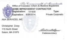 Alt text: Massachusetts contractor license certificate titled "Home Improvement Contractor." Displays registration details, type, entity name, and signature.