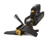 A compact, black robotic device with tracks, resembling a miniature bulldozer, featuring a central rotating brush and angled wings.