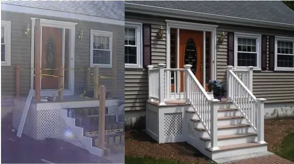 Front porch renovation before and after. Left image shows an unfinished porch with wooden posts. Right image features a completed porch with white railings and a potted plant, conveying a fresh and inviting appearance.