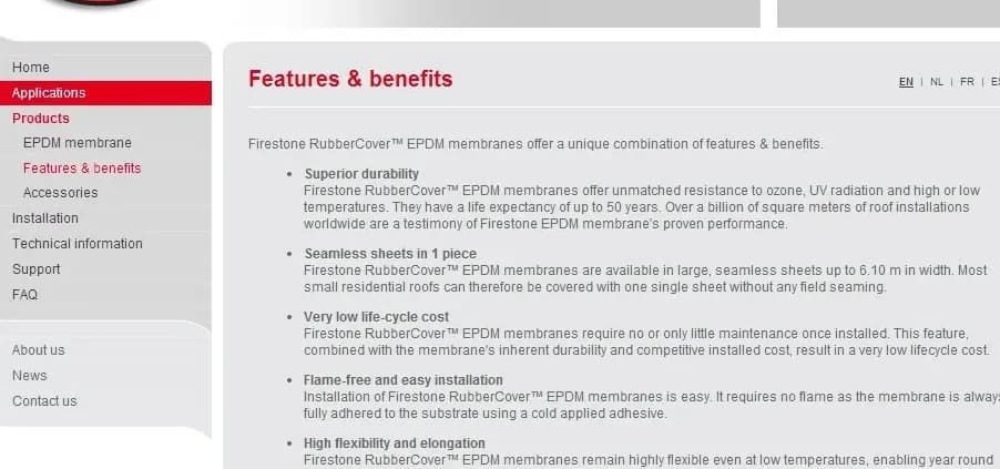 Alt text: "A webpage section titled 'Features & benefits' highlights the advantages of Firestone RubberCover™ EPDM membranes, including superior durability, seamless sheets, low life-cycle cost, flame-free installation, and high flexibility. A navigation menu on the left lists categories like Applications and Products.