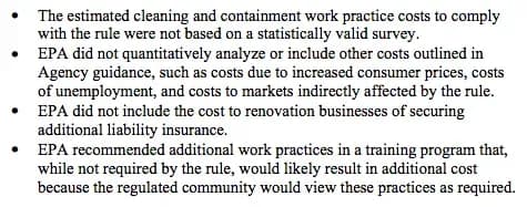 Bullet points with four statements about EPA cost assessments. They mention lack of valid surveys, exclusion of other cost analyses, additional insurance costs, and extra work practice recommendations.