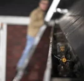 Blurred figure on ladder near house roof; close-up of a spider in a web inside a gutter, conveying a sense of maintenance or inspection.