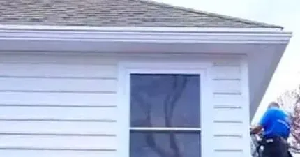 A person wearing a blue shirt is on a ladder beside a white house, painting the exterior near a window. The setting is calm, with a cloudy sky.