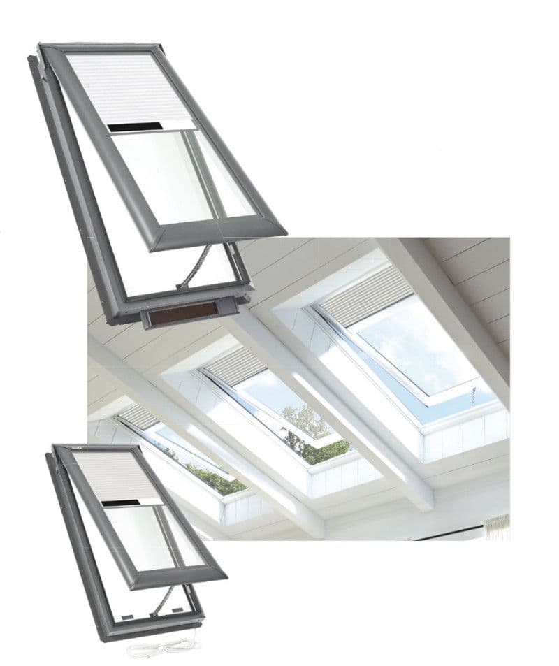 Tilted skylight windows with open solar blinds, framed by white walls. Natural light streams through, giving a bright, modern, airy feel.