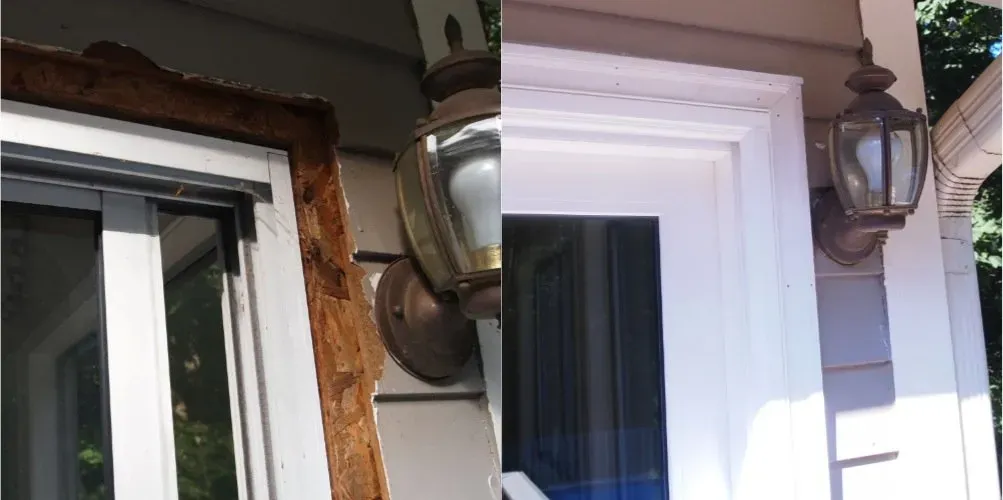 Side-by-side image showing a window before and after repair. Left: exposed wood and damaged frame. Right: repaired frame with fresh paint and neat trim.
