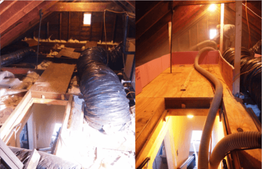 Two images of an attic: the left shows cluttered insulation and ductwork; the right shows a cleaner setup with organized ducts and improved lighting.