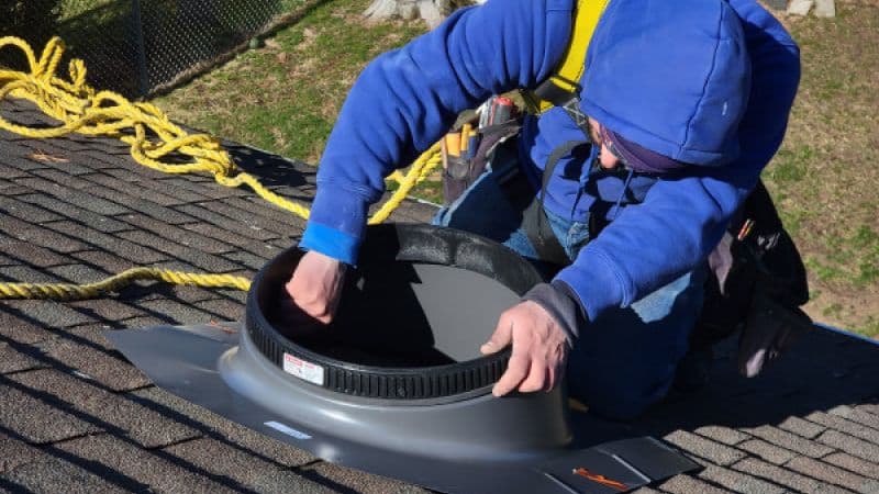 A worker in a blue hoodie and safety harness installs a black tubular skylight on a shingled roof, surrounded by safety ropes under clear skies.