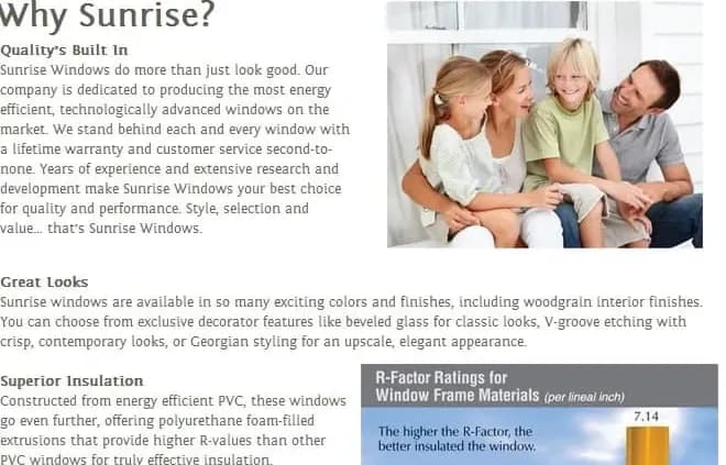 Alt text: "Advertisement for Sunrise Windows featuring a smiling family seated by a window. The text promotes quality, style, and energy-efficient insulation."