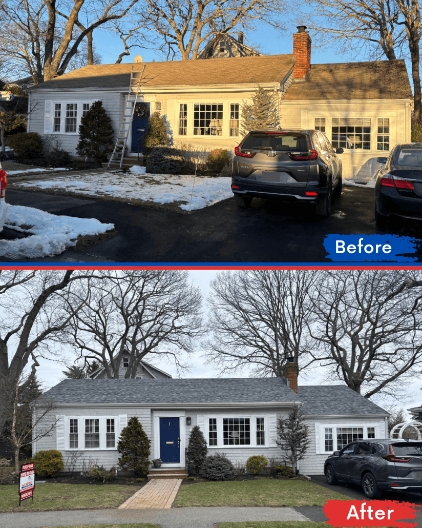 Two images show a house before and after renovation. The "before" photo depicts outdated siding and snow; the "after" shows modern gray siding, a new roof, and green landscaping.