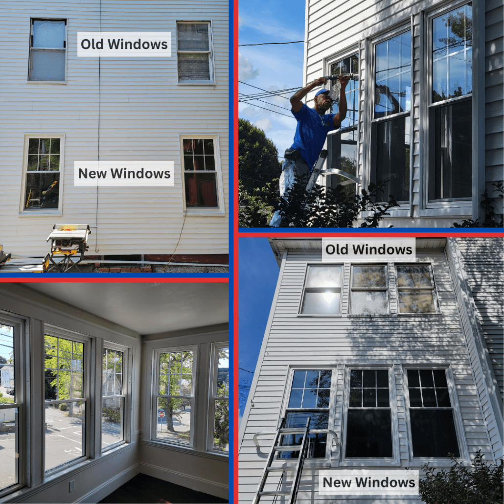 Collage showing window replacement on a house. Top left and inset show old and new windows labeled. Right middle image shows a worker installing. Interior bottom left shows new windows in a room.