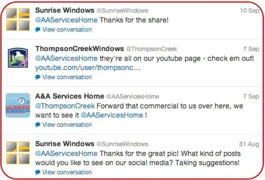 A series of Twitter interactions between Sunrise Windows, Thompson Creek Windows, and A&A Services Home, discussing video content and social media ideas.