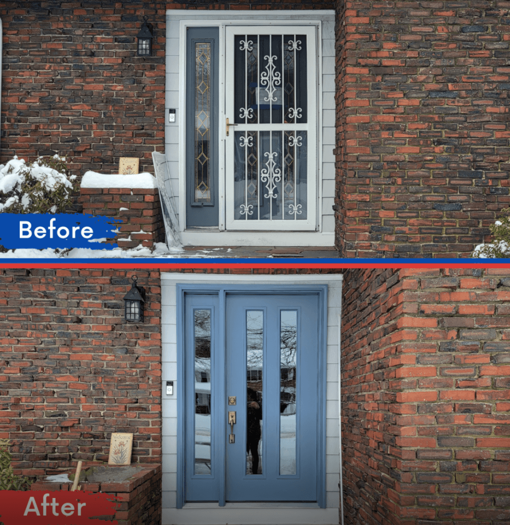 Two-panel image showing a door upgrade. The "Before" image displays an older, ornate metal door. The "After" image features a modern, blue door with glass panels. Snow is visible on the ground.