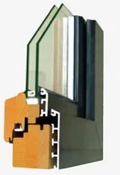 Cross-section of a modern window frame showing triple-pane glass, wood interior, and metal exterior. Highlights energy efficiency and insulation.