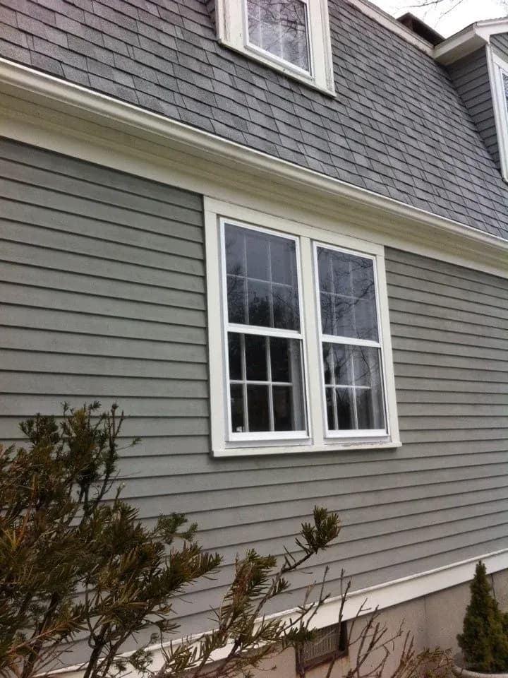 A gray house exterior with white-trimmed double casement windows, a shingled roof, and a shrub in the foreground, conveying a serene suburban feel.